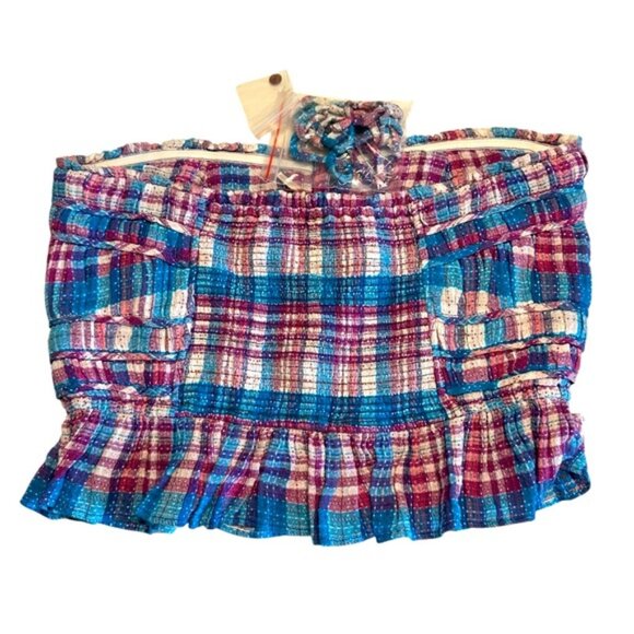 NWT Free People Women's Blue & Purple Plaid Peplum Tube Top Size Large - Picture 7 of 10